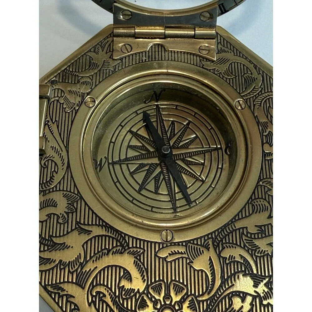 Vintage Franklin Mint Universal Sundial 1987 Brass Compass on Wood Base
